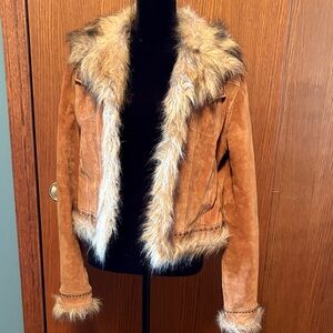 Bebe  medium suede jacket with acrylic fur collar and trim